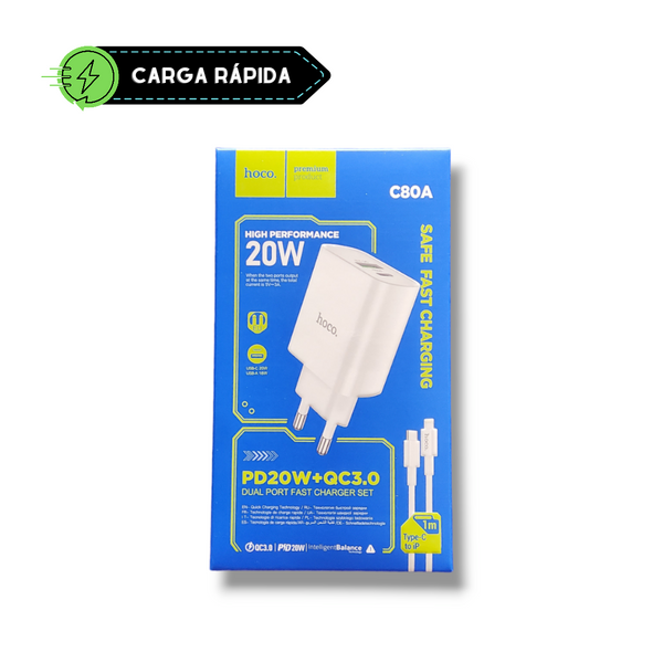 Cargador con cable Lightning USB-C 20W Hoco C80A