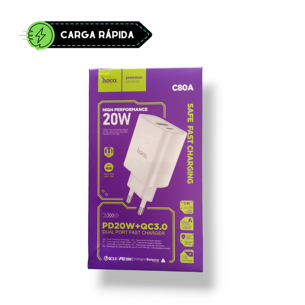 Adaptador cargador 1Tipo C 1USB 20W Hoco C80A
